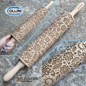 Made in Italy -  Mattarello girevole cm. 43 con incisioni - Floreale - Utensile per pasta fresca 